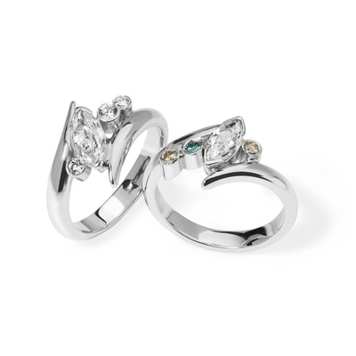 Saffron - contemporary platinum engagement rings set with white, cognac and blue diamonds