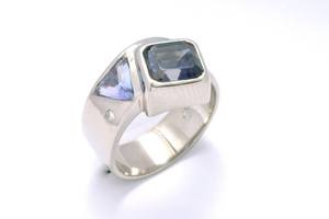 bespoke palladium dress ring set with iolite, diamond and sapphire hand made by charmian beaton design
