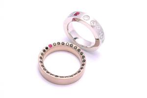bespoke wedding rings set with diamonds and rubies, in platinum and 18ct white gold handmade by charmian beaton design